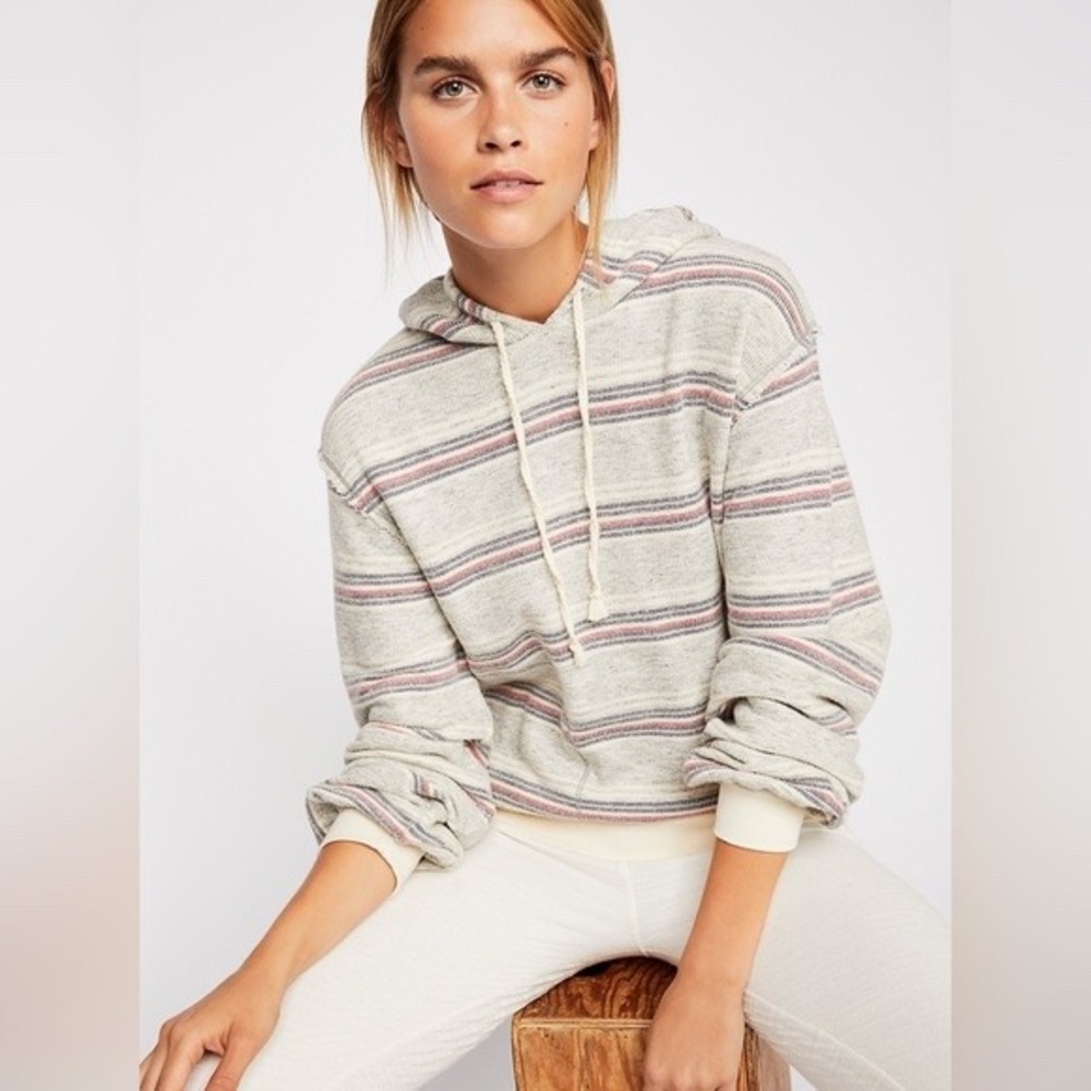 Free People FP Beach Striped‎ Hoodie Grey Pink Cream Small Relaxed Pullover